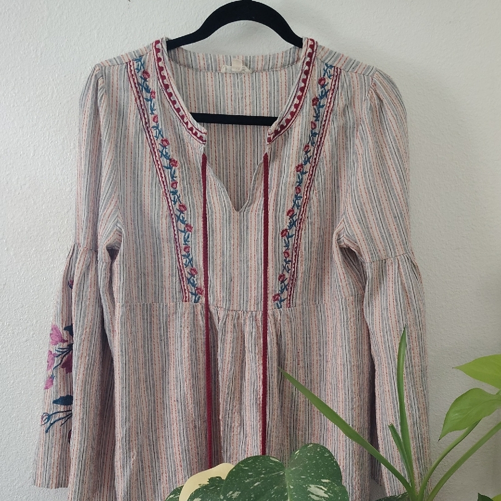 Embroidered Long Sleeve Boho Dress in Cream and Pink